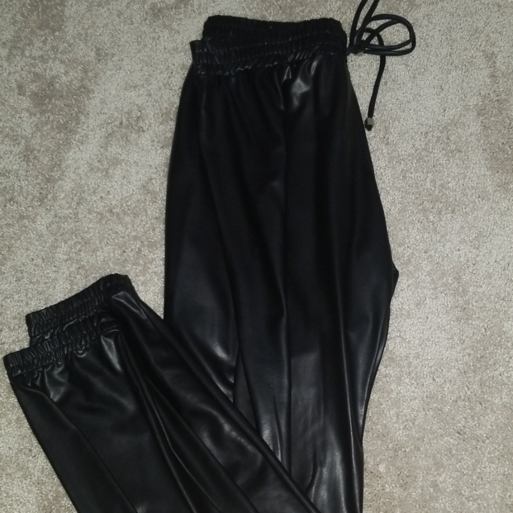 Black faux leather joggers